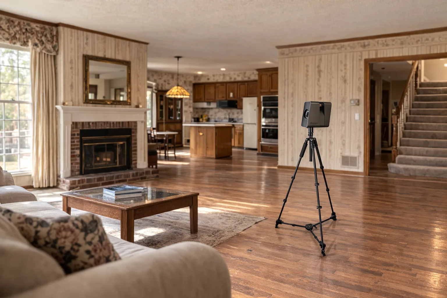 Matterport scanner positioned in a residential living room during a site capture